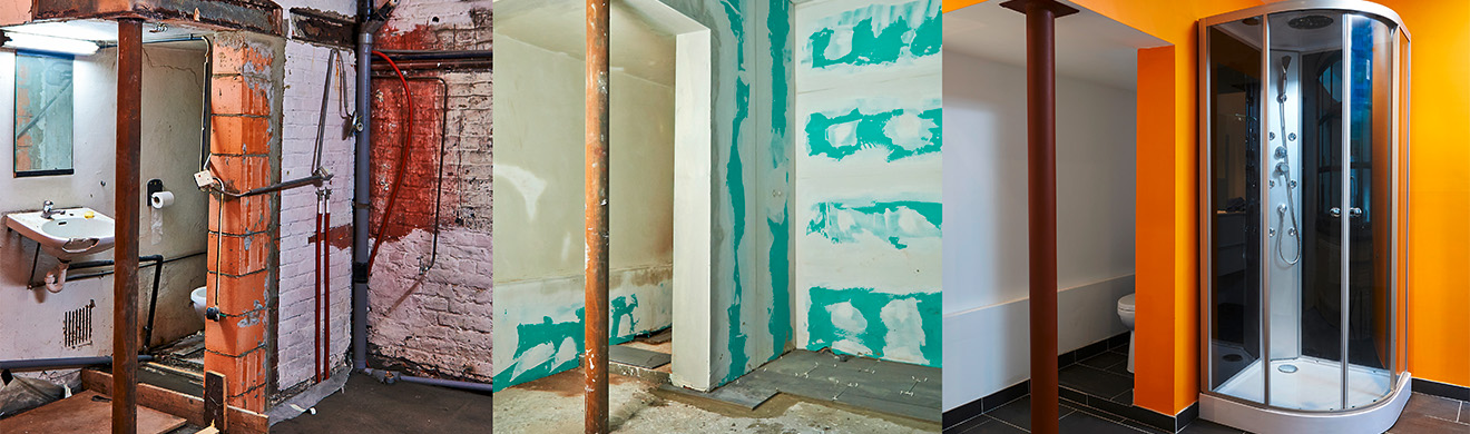 Trockenbauarbeiten im Badezimmer mit neu errichteten Wänden und Anschlüssen als Teil einer modernen Badmodernisierung.