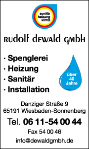 Banner der Rudolf Dewald GmbH in Wiesbaden mit Kontaktdaten und Informationen zu Sanitär, Heizung, Klima, Lüftung und Spenglerei.
