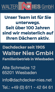 Banner der Walter Nies GmbH in Wiesbaden mit Kontaktdaten sowie Informationen zu Dachsanierung, Dachreparatur und weiteren Leistungen.