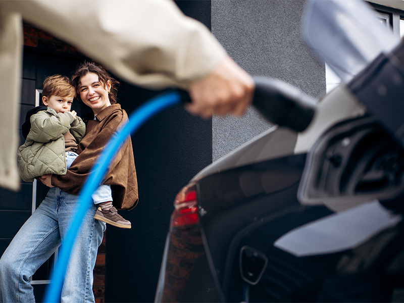 Familie lädt Elektroauto vor dem Eigenheim und setzt auf nachhaltige Energieversorgung in Wiesbaden mit erneuerbaren Energien.