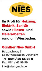Banner der Günther Nies GmbH in Wiesbaden mit Kontaktdaten, Energieberatung und Informationen zu moderner Heiztechnik.