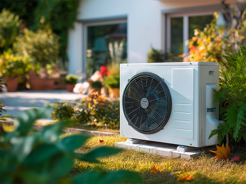 Moderne Wärmepumpe neben neuem Wohnhaus zur nachhaltigen Energieversorgung und effizienten Heizungs- sowie Kühlungstechnik.