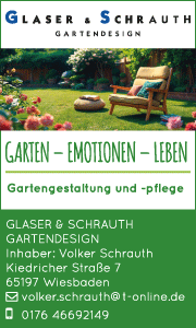 Banner von Glaser & Schrauth Gartendesign in Wiesbaden mit Kontaktdaten sowie Informationen zu Gartengestaltung, Pflasterarbeiten, Terrassenbau, Gartenpflege und Bepflanzung.