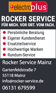 Banner von Rocker Service Mainz zeigt Kontaktdaten, Serviceleistungen für Haushaltsgeräte, schnelle Reparaturen, Wartung und zuverlässigen Kundendienst.