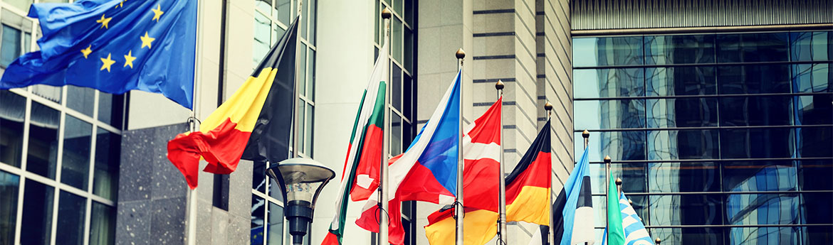 Wehende Fahnen verschiedener EU Länder vor den EU Parlament in Brüssel