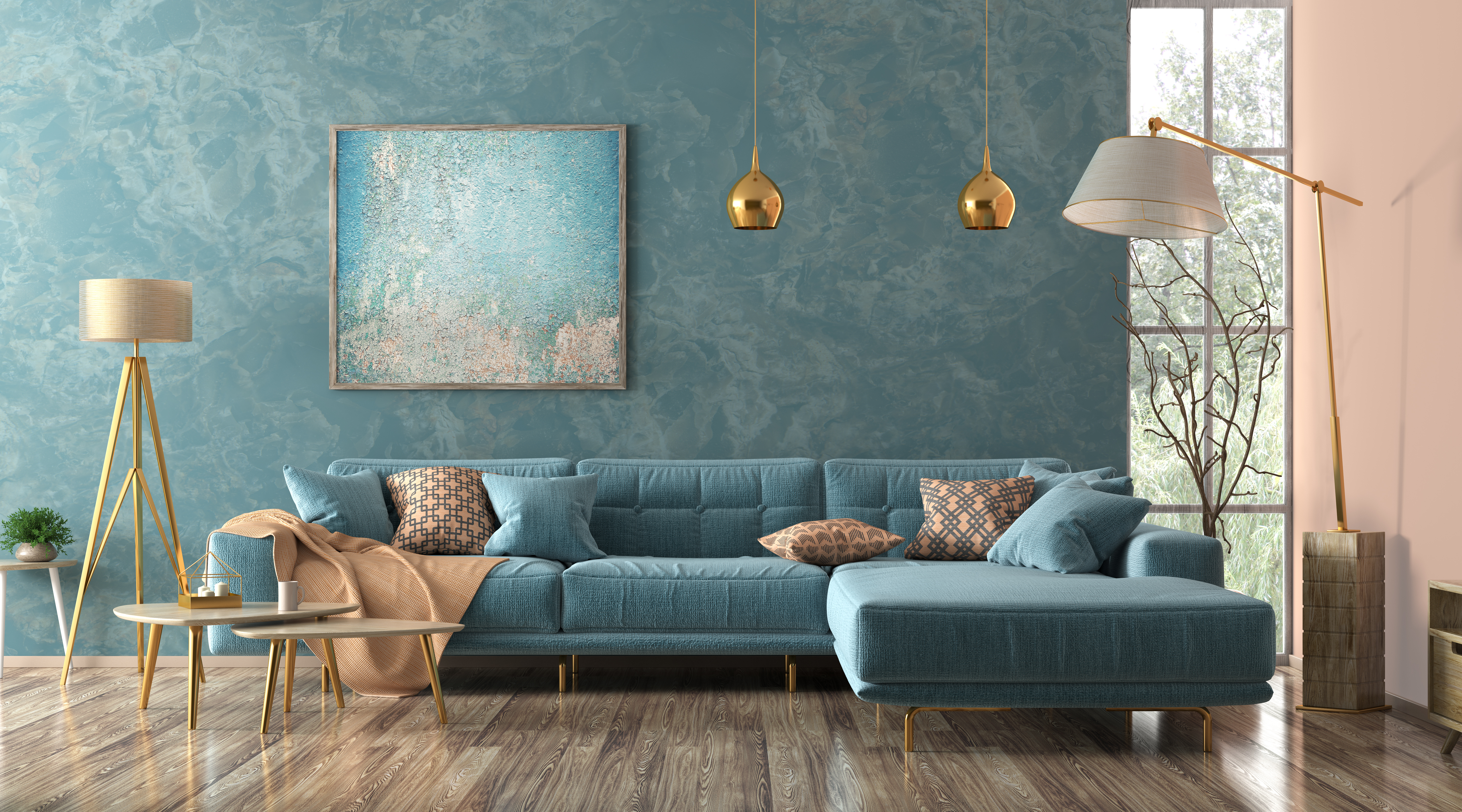 Modernes Wohnzimmer mit blauem Ecksofa, Couchtisch und dtilvoller Dekoration in nue´éutralen Farbtönen