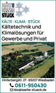 Banner der Kälte-Klima-Stück GmbH in Wiesbaden mit Kontaktdaten und Informationen zu Leistungen rund um Kälte-, Klima- und Lüftungstechnik.