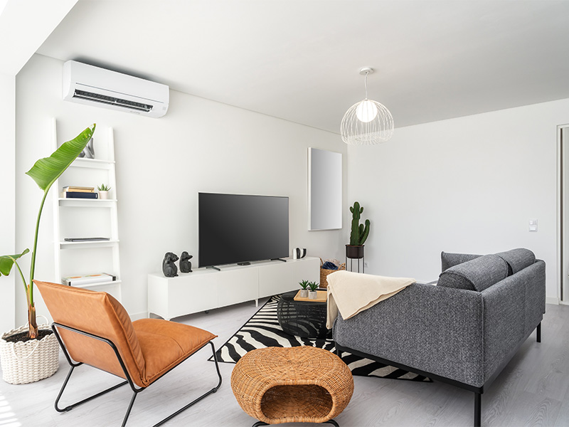Modernes Wohnzimmer mit grauem Sofa, Fernseher und Pflanze als behaglicher Raum für eine angenehme Wohnraumklimatisierung.