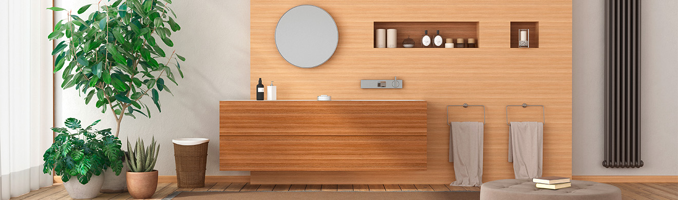 Modernes Badezimmer mit maßgefertigten Holzmöbeln, klaren Linien und funktionalem Stauraum für eine stilvolle Raumgestaltung.