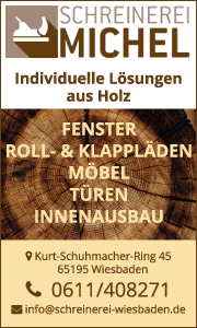 Banner der Schreinerei Michel in Wiesbaden mit Kontaktdaten sowie Informationen zu individuellen Schreinerarbeiten und Möbelanfertigungen.