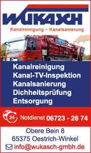Banner der Wukasch Kanal- und Städtereinigungsbetrieb GmbH Oestrich-Winkel mit Kontaktdaten und Informationen zur professionellen Reinigung von Dieselkraftstoff.