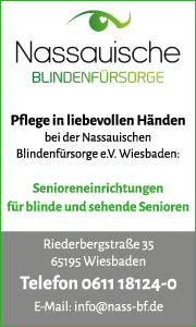 Banner der Nassauische Blindenfürsorge in Wiesbaden mit Kontaktdaten und Informationen zu Beratung, Betreuung und Unterstützung für blinde Menschen.