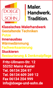 Banner der Doege + Sohn Malerbetrieb GmbH in Mainz-Kastel mit Kontaktdaten sowie Informationen zu Malerarbeiten, Stuckarbeiten und Fassadensanierung.