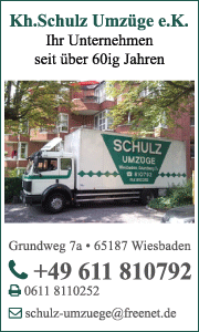 Banner von Schulz Umzüge e.K. in Wiesbaden mit Kontaktdaten sowie Leistungen wie Privatumzüge, Firmenumzüge, Möbelmontage, Einlagerung und Umzugsservice.